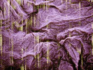Grungy crumpled fabric abstract background in purple with yellow stripes and 3D effect