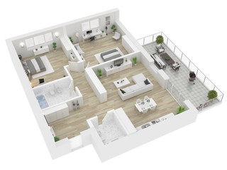 Floor plan top view. Apartment interior isolated on white background. 3D render