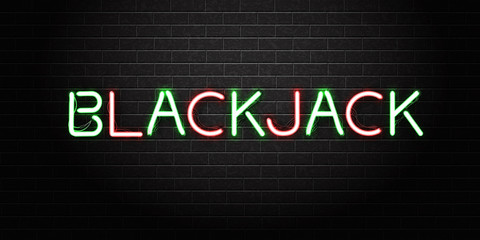Vector realistic isolated neon sign for Blackjack lettering for decoration and covering on the wall background. Concept of casino and gambling.