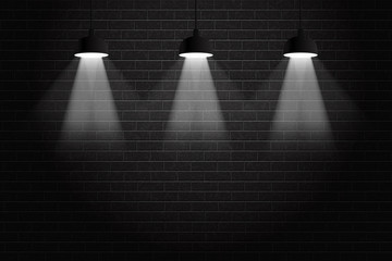 Vector realistic isolated black brick wall background with ceiling lamps for decoration and covering. Concept of spotlight and exhibition.