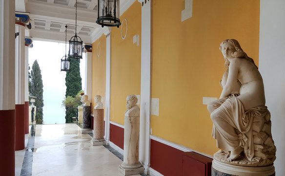 CORFU, GREECE- January 21, 2018: Statues on terrace of the Achilleion princess Sissy's palace in Corfu, Greece