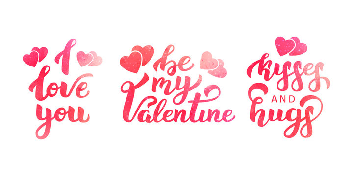 Vector set of realistic isolated lettering for Valentine's Day for decoration and covering with watercolor style on white background. Concept of Happy Valentines Day and romance holidays.