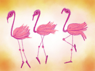 Colorful drawn bright flamingos for greeting card or advertisement on blur orange background, cartoon illustration painted by pencil paper chalk, high quality