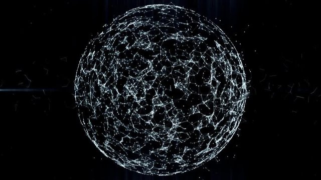 Sphere, globe and space in the form of a plexus. Abstract geometric background with moving lines, dots and triangles. Plexus fantasy abstract technology. Loop animations Financial or social abstract