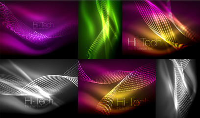 Set of elegant flowing neon waves, digital abstract backgrounds