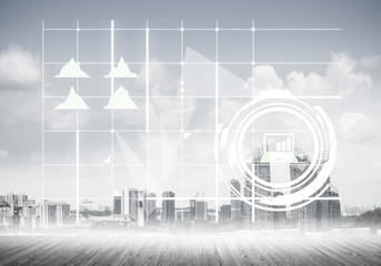 Natural background with modern cityscape wooden floor and media 