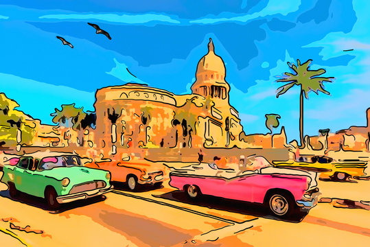 Tour of Cuba Havana on retro cars near the Capitol.