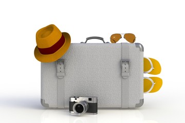 Suitcase of a traveler with  straw hat and retro film photo camera isolated on white background, 3D rendering