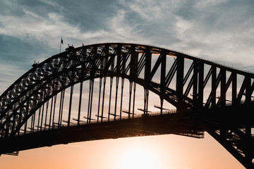 Close up view of Sydney Harbour Bridge during sunset.