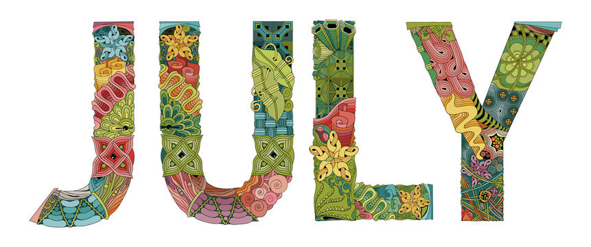 Word JULY. Vector decorative zentangle object