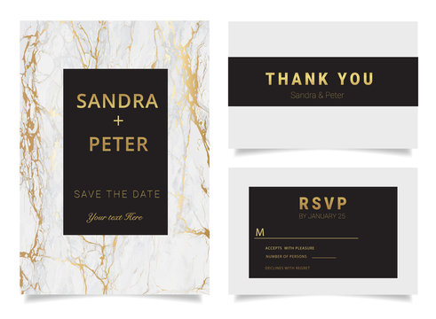 Marble Wedding Invitations set ,Thank you card, RSVP card,Place Cards, Business card, Brand identity, Stationary with marble vector cover.
