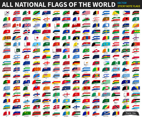 All official national flags of the world . Sticky note design . Vector - obrazy, fototapety, plakaty