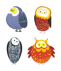 Owls cartoon kid funny characters with feather ornament.
