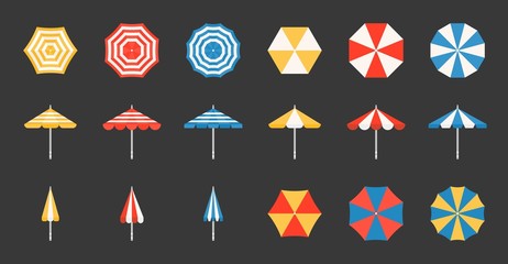Beach umbrella set, side and aerial view, flat design pixel perfect icon on grid system © lukpedclub