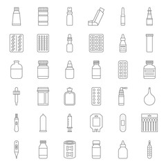 Pharmacy item, such as medicine, antibiotic, plaster, cough syrup, nasal spray, condom, dropper, cotton bud, syringe, painkiller, mouth spray, antiseptic cream, thin line icon pixel perfect