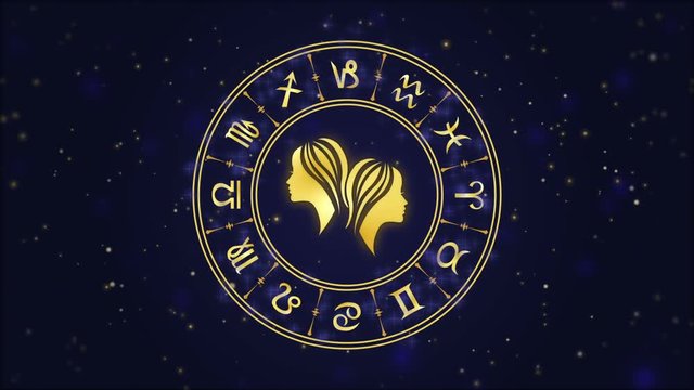 Zodiac sign Gemini and horoscope wheel on the dark blue background