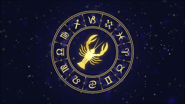 Zodiac sign Cancer and horoscope wheel on the dark blue background
