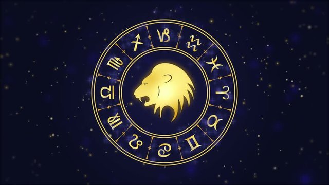 Zodiac sign Leo and horoscope wheel on the dark blue background