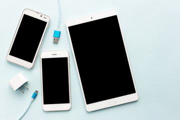 USB charging cables for smartphone and tablet in top view