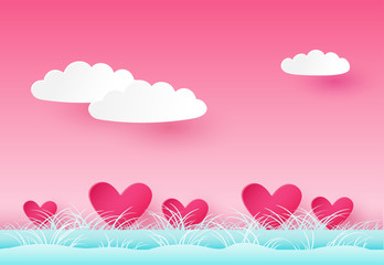 Valentine's day background with hearts, clouds and grass. Paper syle. Vector illustration eps 10.