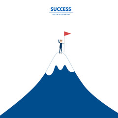 Business success vector concept. Businessman standing on top of mountain with flag. Eps10 vector illustration.