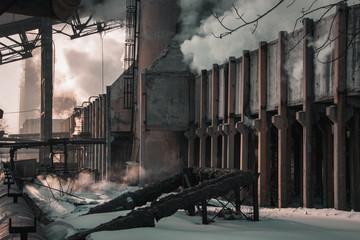 Beautiful types of winter-running thermal power plant with pipes and smoke and steam