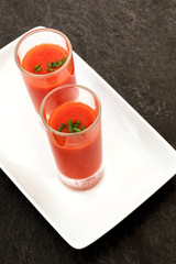 Spanish gazpacho served as tapas in modern bar with copyspace