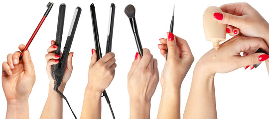 many hands with make up items