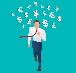 businessman running with money icon , Trendy isometric businessman, Concept business vector illustration.