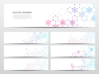 Set of science and technology banners. DNA molecule structure background. Scientific and technological concept. Vector illustration.