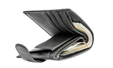 Opened black wallet with money isolated on white.