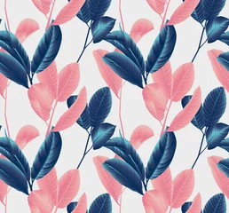 Poster Seamless pattern, hand drawn blue and pink guava leaf on sprig on grey background © momosama