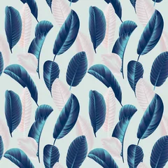 Gordijnen Seamless pattern, hand drawn blue and pink guava leaf on grey background © momosama