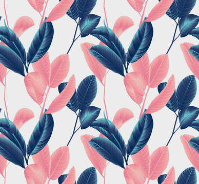 Seamless pattern, hand drawn blue and pink guava leaf on sprig on grey background