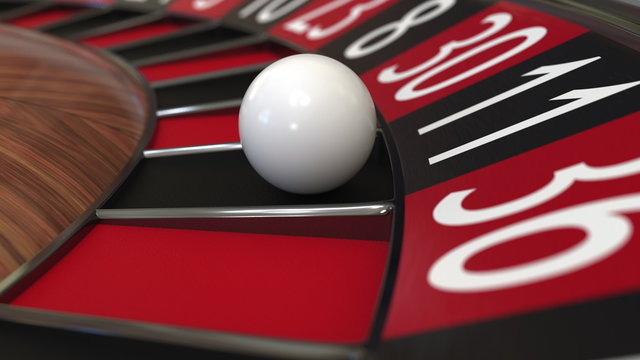 Casino roulette wheel ball hits 11 eleven black. 3D rendering