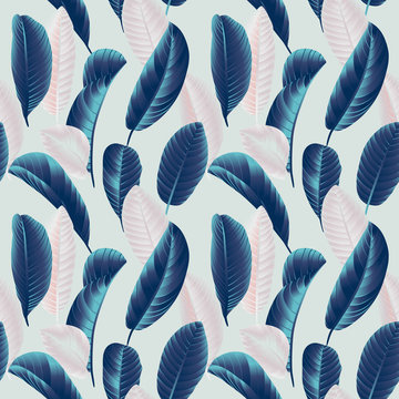 Seamless pattern, hand drawn blue and pink guava leaf on grey background