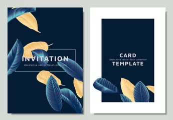 Zelfklevend Fotobehang Hand drawn Tropical golden and blue guava leaves, invitation card template design, dark blue theme © momosama