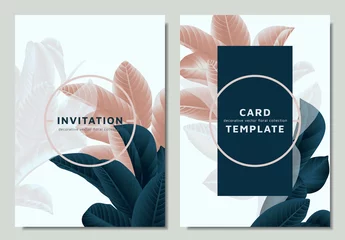 Behangcirkel Hand drawn Tropical dark green,brown and white guava leaves on branch, invitation card template design © momosama