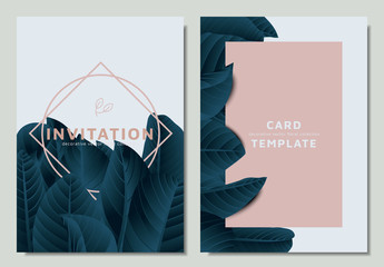 Hand drawn Tropical dark green guava leaves with pink elements, invitation card template design