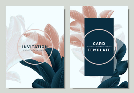 Hand drawn Tropical dark green,brown and white guava leaves on branch, invitation card template design