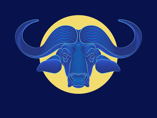 Graphic print of drawn buffalo. Moonlight's color. Engraving.