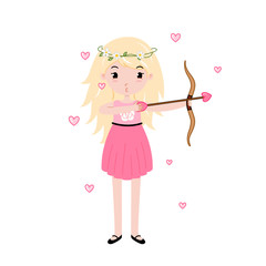 Valentine day blonde cupid girl with bow and love arrow.