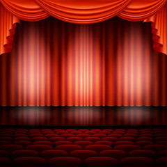 Spotlight on stage and red curtain. EPS 10 vector