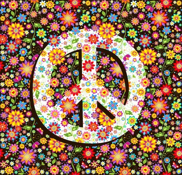 Hippie wallpaper with flowers print and peace symbol