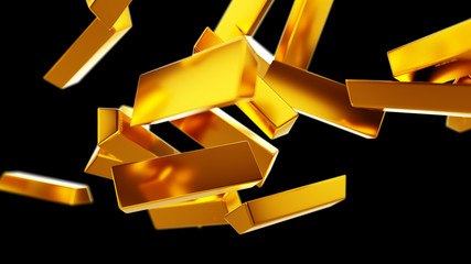 Gold bars or bullions flow isolated on black