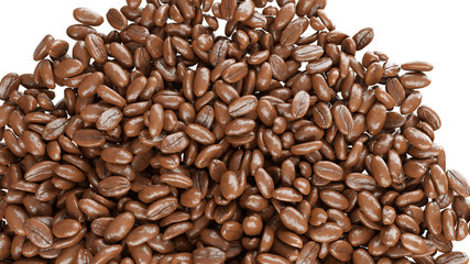 roasted coffee beans falling down isolated