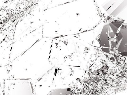 Shattered glass pieces on white background