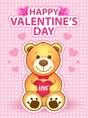 Cute Valentines Day card with teddy bear and pink background