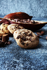 Chocolate cookies on grey table. Chocolate chip cookies shot