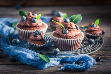 Homemade muffin with fresh chocolate, blueberries and cream